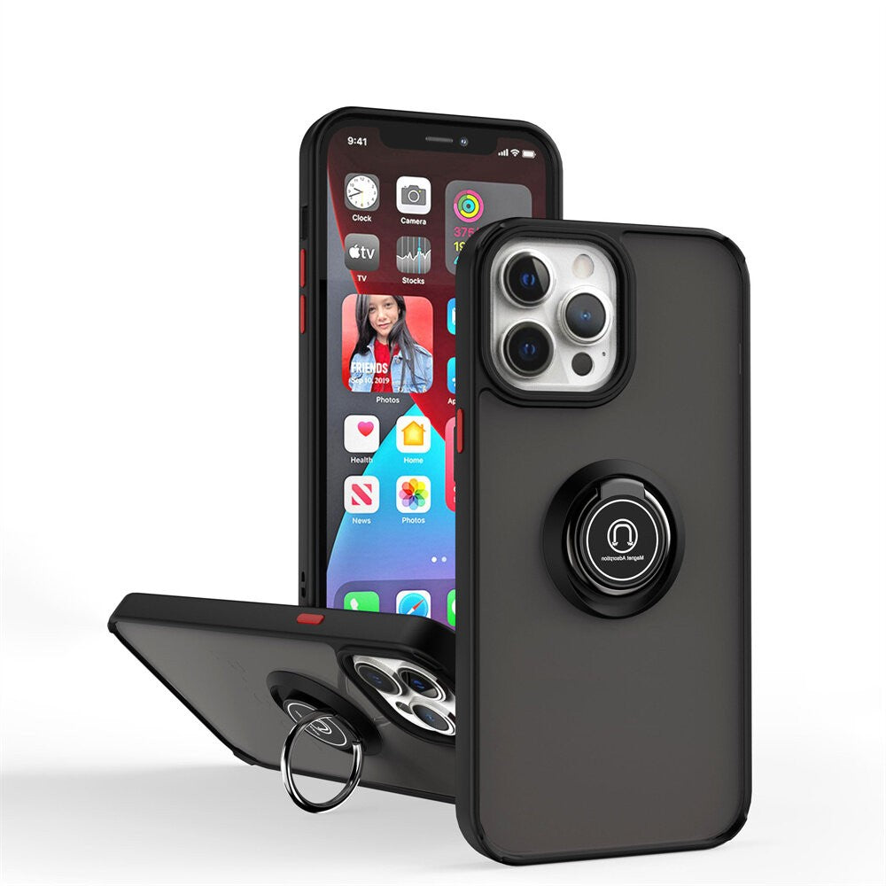 Husa Anti Fall Metal Bracket pentru Apple iPhone 14, Rezistenta la socuri, Margini colorate, Cu inel de prindere magnetic, Kaveny, Negru