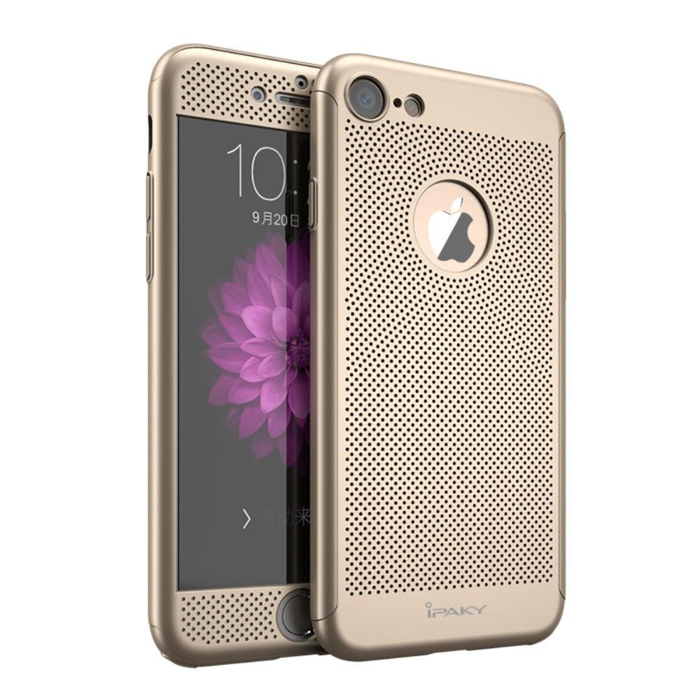 Husa de Protectie, Kaveny, pentru Apple iPhone 7, Full Cover 360 Air cu Gauri si Folie de Protectie, Plastic, Auriu