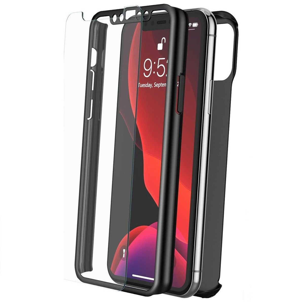 Set Husa si Folie de Protectie, Kadeny, Compatibila cu Apple iPhone X, Full Cover 360°, Plastic + Sticla, Negru