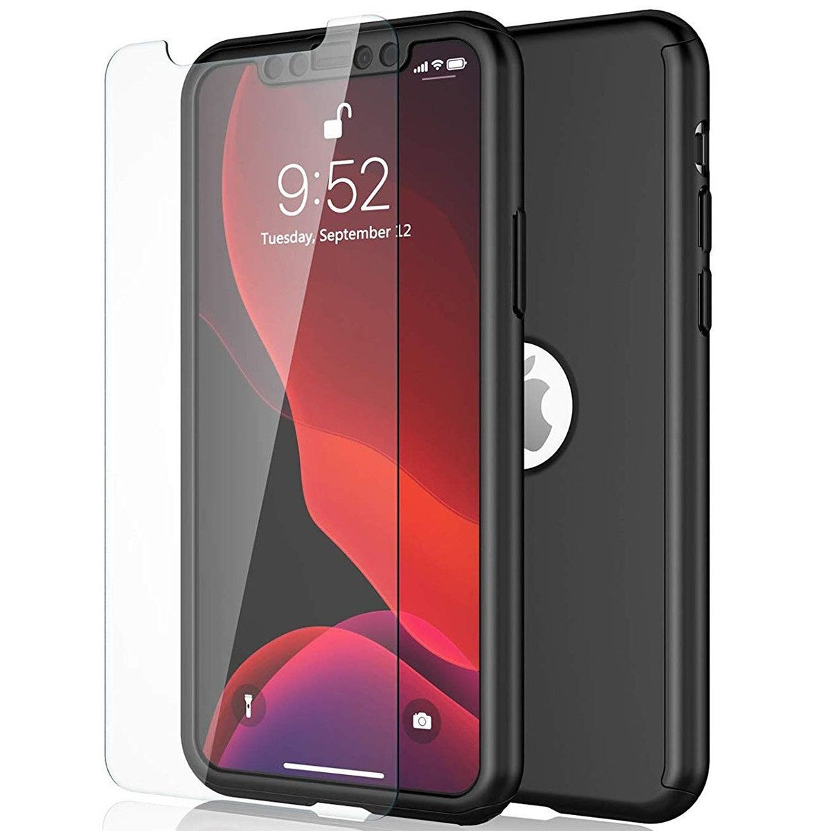 Set Husa si Folie de Protectie, Kadeny, Compatibila cu Apple iPhone X, Full Cover 360°, Plastic + Sticla, Negru