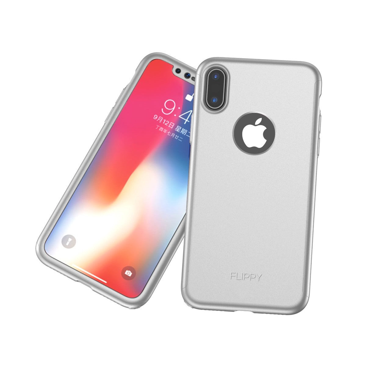 Set Husa si Folie de Protectie, Kadeny, Compatibila cu Apple iPhone X, Full Cover 360°, Plastic + Sticla, Argintiu