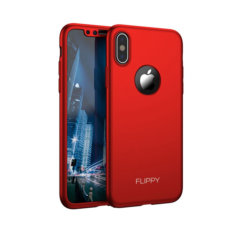 Set Husa si Folie de Protectie, Kadeny, Compatibila cu Apple iPhone X, Full Cover 360°, Plastic + Sticla, Rosu