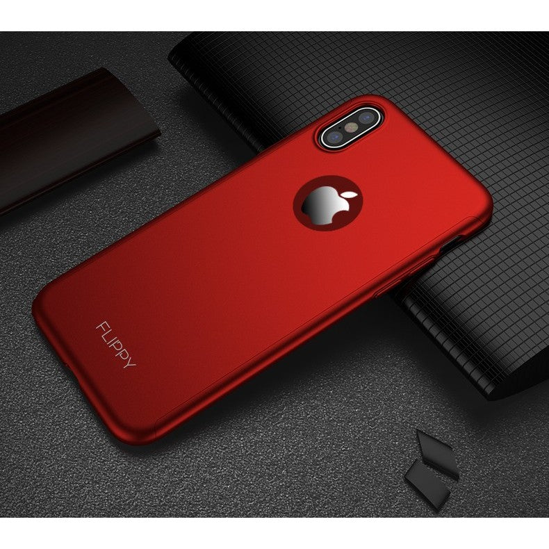 Set Husa si Folie de Protectie, Kadeny, Compatibila cu Apple iPhone X, Full Cover 360°, Plastic + Sticla, Rosu