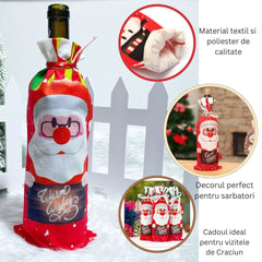 Husa Craciun pentru sticla de vin Kadeny, tema Mos Craciun, material textil, 34 cm, multicolor