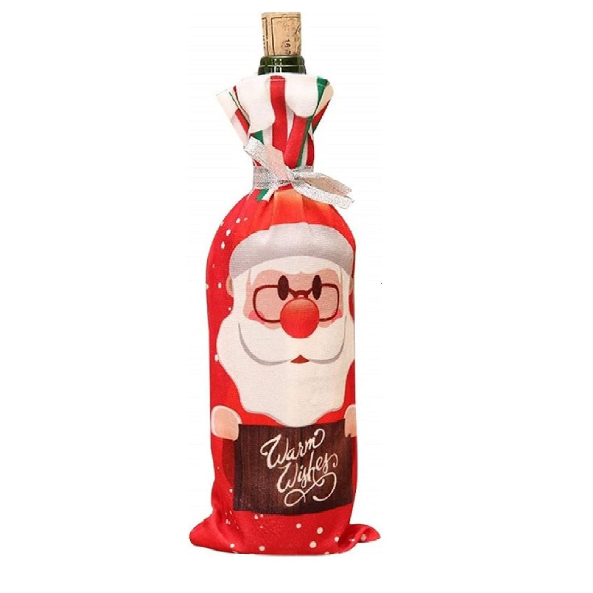 Husa Craciun pentru sticla de vin Kadeny, tema Mos Craciun, material textil, 34 cm, multicolor