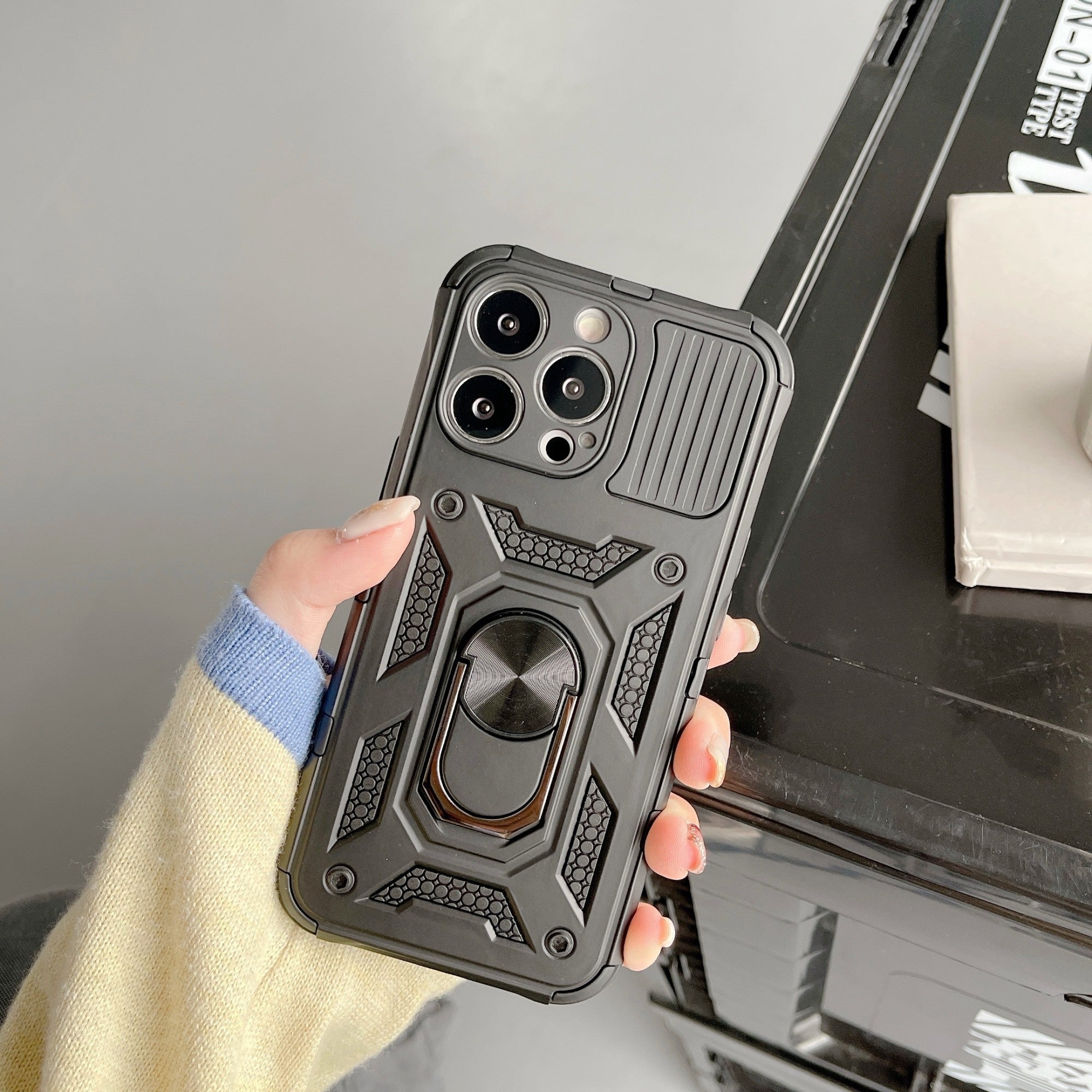 Husa de protectie, Kaveny, compatibila cu Apple iPhone 13 Pro Defender Model 4 cu suport,Negru