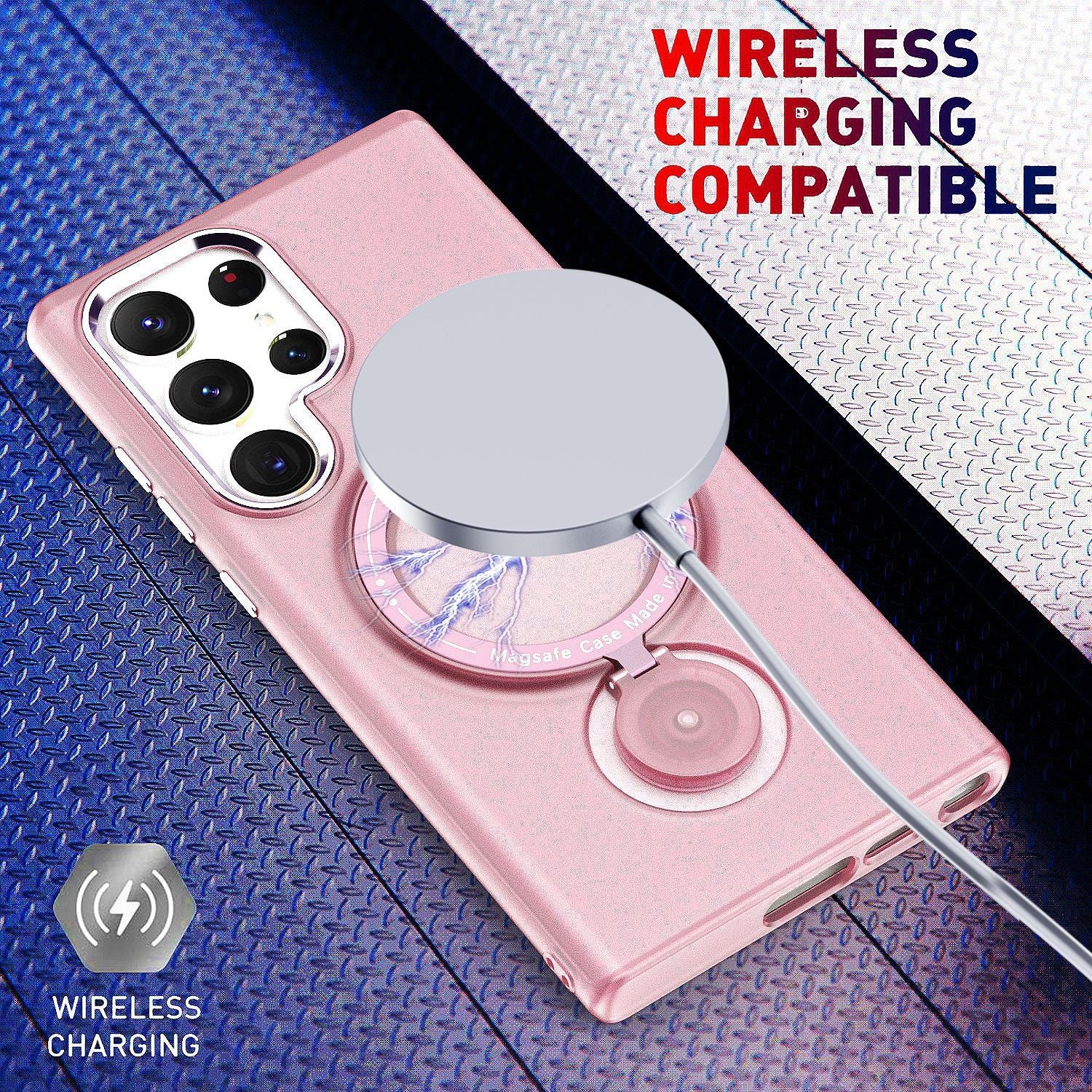 Husa de protectie Kaveny, cu incarcare Wireless, Tehnologie Magsafe, TPU, Inel magnetic rotativ cu functie de suport, pentru  Samsung Galaxy S23 Ultra , Rose Gold