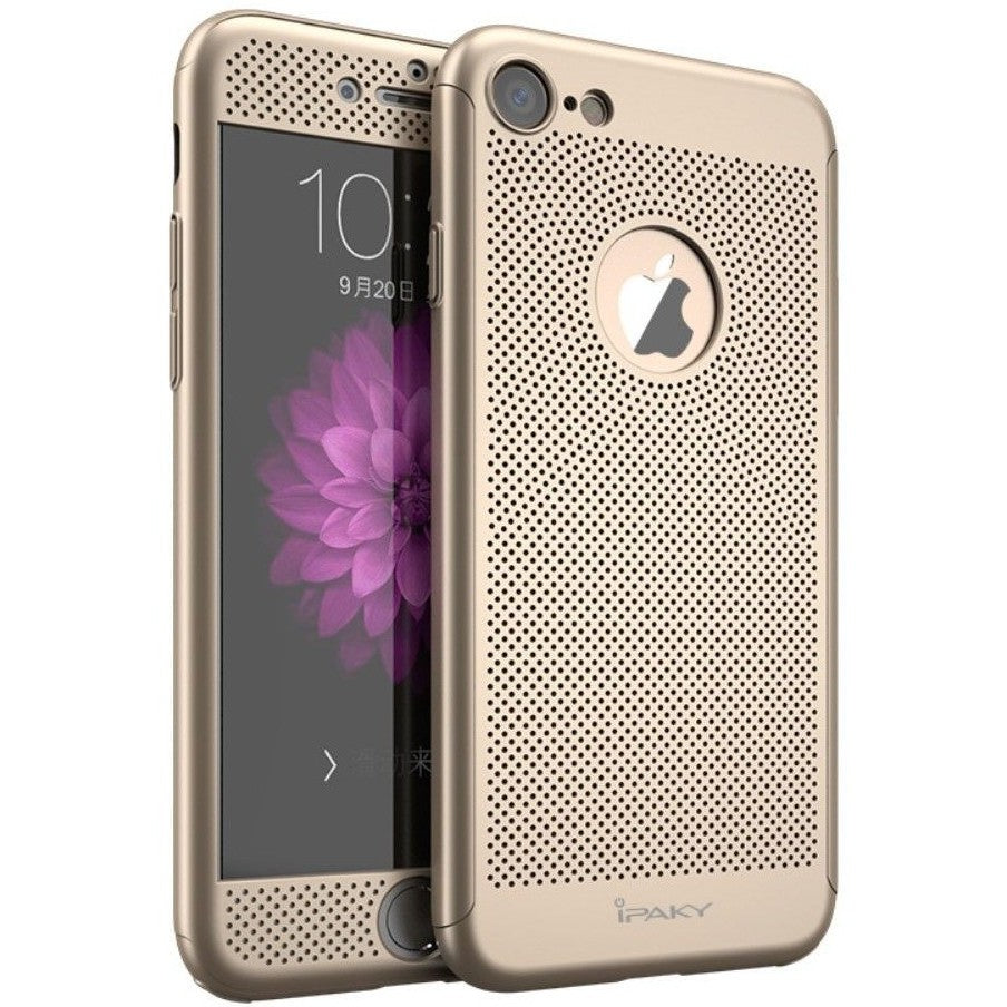 Husa de Protectie, Kaveny, pentru Apple iPhone 7 Plus, Full Cover 360 Air cu Gauri si Folie de Protectie, Plastic, Auriu