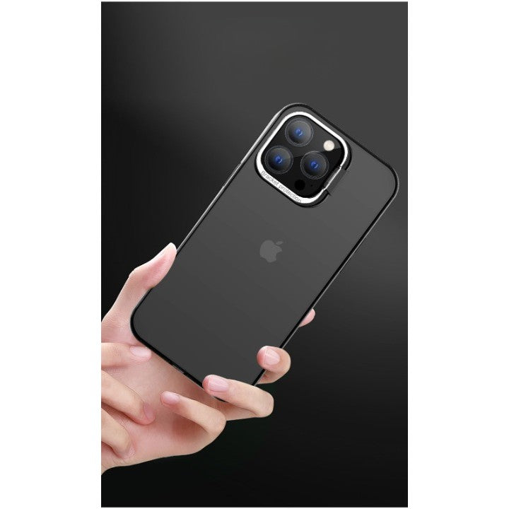 Husa de protectie pentru iPhone 14, cu suport metalic pentru camera, Bracket Series, Kaveny, Protectie Antisoc, PC mat, silicon moale pe margini, Negru