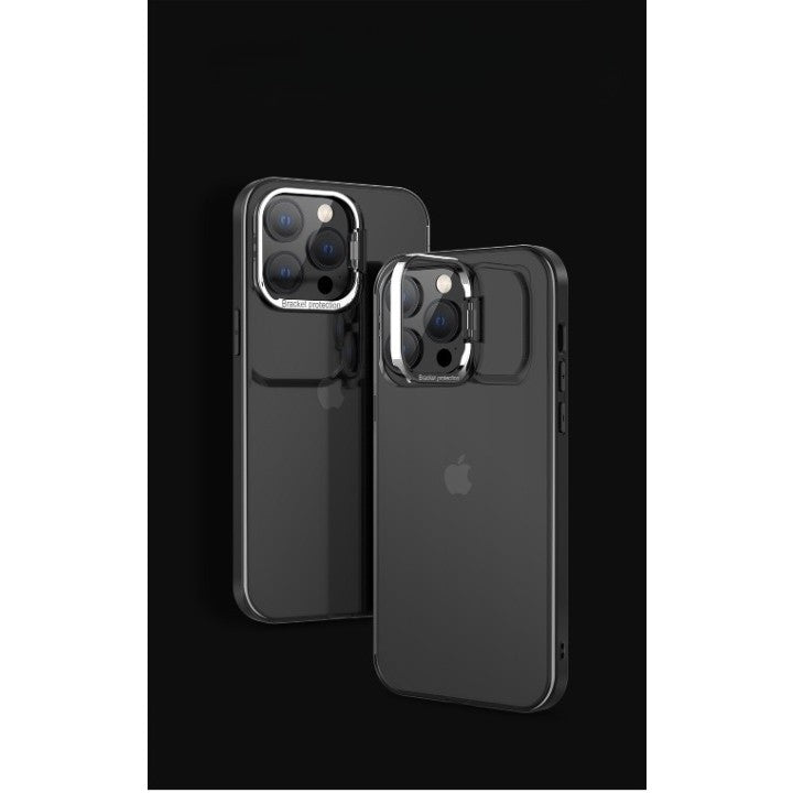 Husa de protectie pentru iPhone 14, cu suport metalic pentru camera, Bracket Series, Kaveny, Protectie Antisoc, PC mat, silicon moale pe margini, Negru