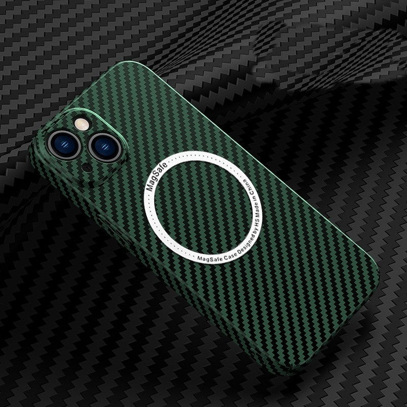 Husa de protectie pentru iPhone 14, Kaveny, Magnetica, MagSafe, Carbon Fiber Protectie Antisoc, Verde