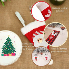 Husa decorativa festiva pentru 3 tacamuri Kaveny, model caciulita cu Mos Craciun, material textil si poliester, 19 x 10 cm, rosu