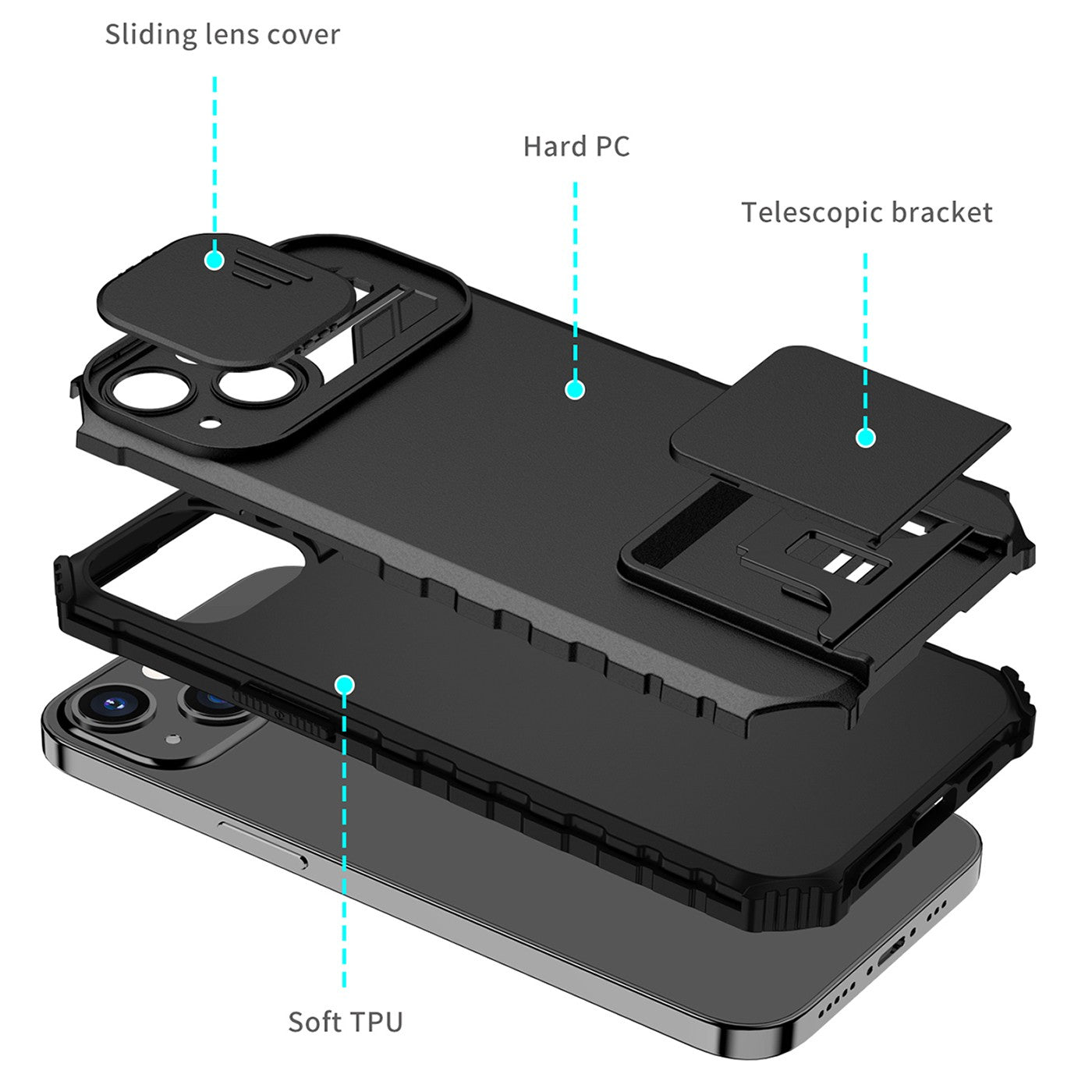 Husa Defender cu Stand pentru Samsung Galaxy A72 4G/ 5G, Negru, Suport reglabil, Antisoc, Protectie glisanta pentru camera, Kaveny