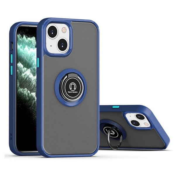 Husa Anti Fall Metal Bracket pentru Apple iPhone 14 Pro Max, Rezistenta la socuri, Margini colorate, Cu inel de prindere magnetic, Kaveny, Albastru