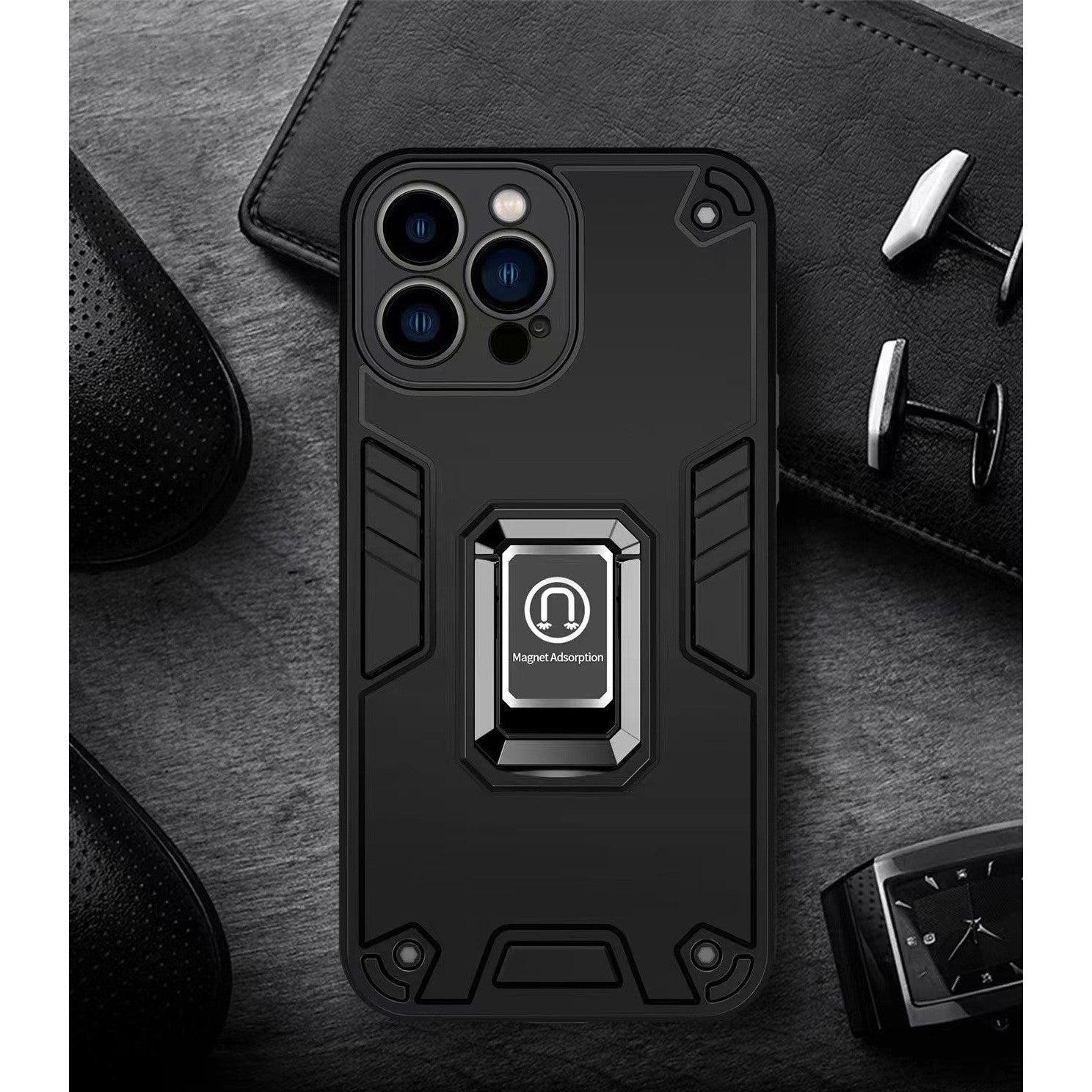 Husa Iron Warriors pentru iPhone 14, Kaveny,  Hybrid Ring Holder Kickstand, Negru