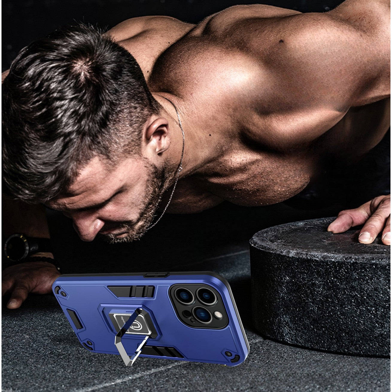 Husa Iron Warriors pentru iPhone 14 Pro, Kaveny,  Hybrid Ring Holder Kickstand, Albastru inchis