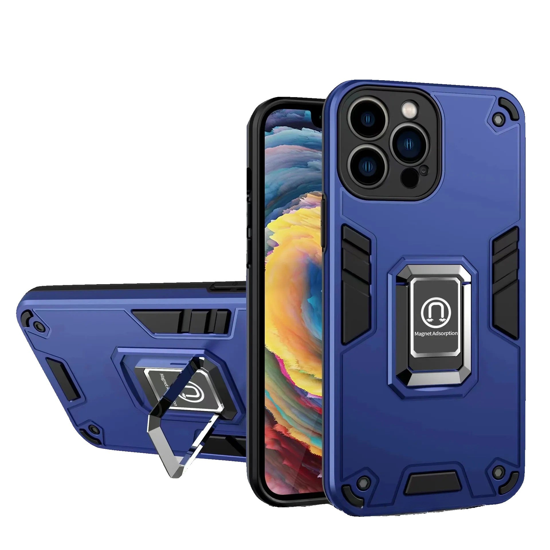 Husa Iron Warriors pentru iPhone 14 Pro, Kaveny,  Hybrid Ring Holder Kickstand, Albastru inchis