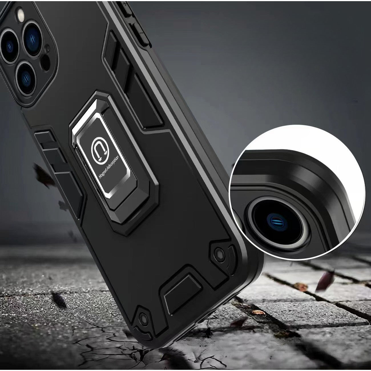 Husa Iron Warriors pentru iPhone 14 pro, Kaveny,  Hybrid Ring Holder Kickstand, Negru