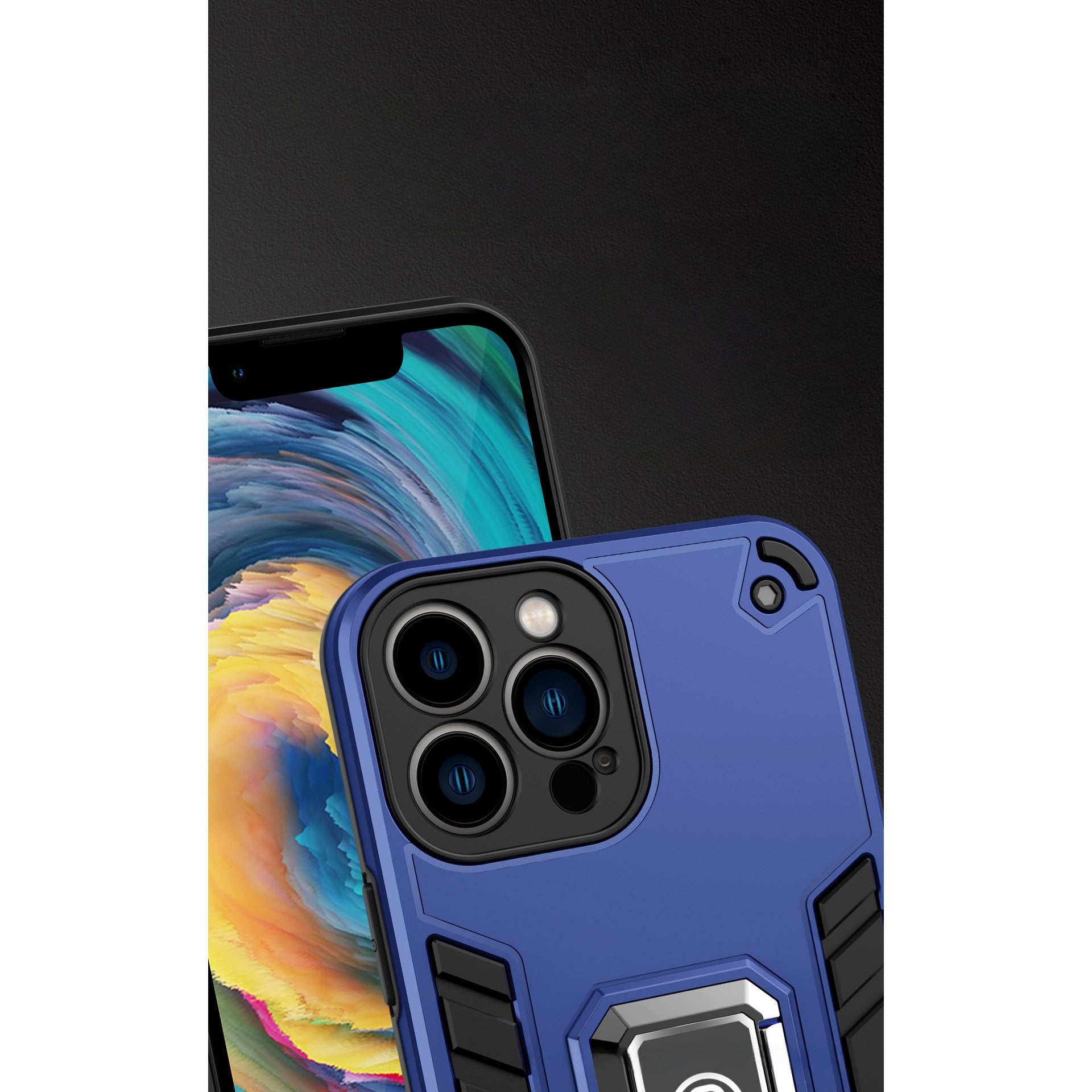 Husa Iron Warriors pentru iPhone 12 Pro, Kaveny,  Hybrid Ring Holder Kickstand, Albastru inchis