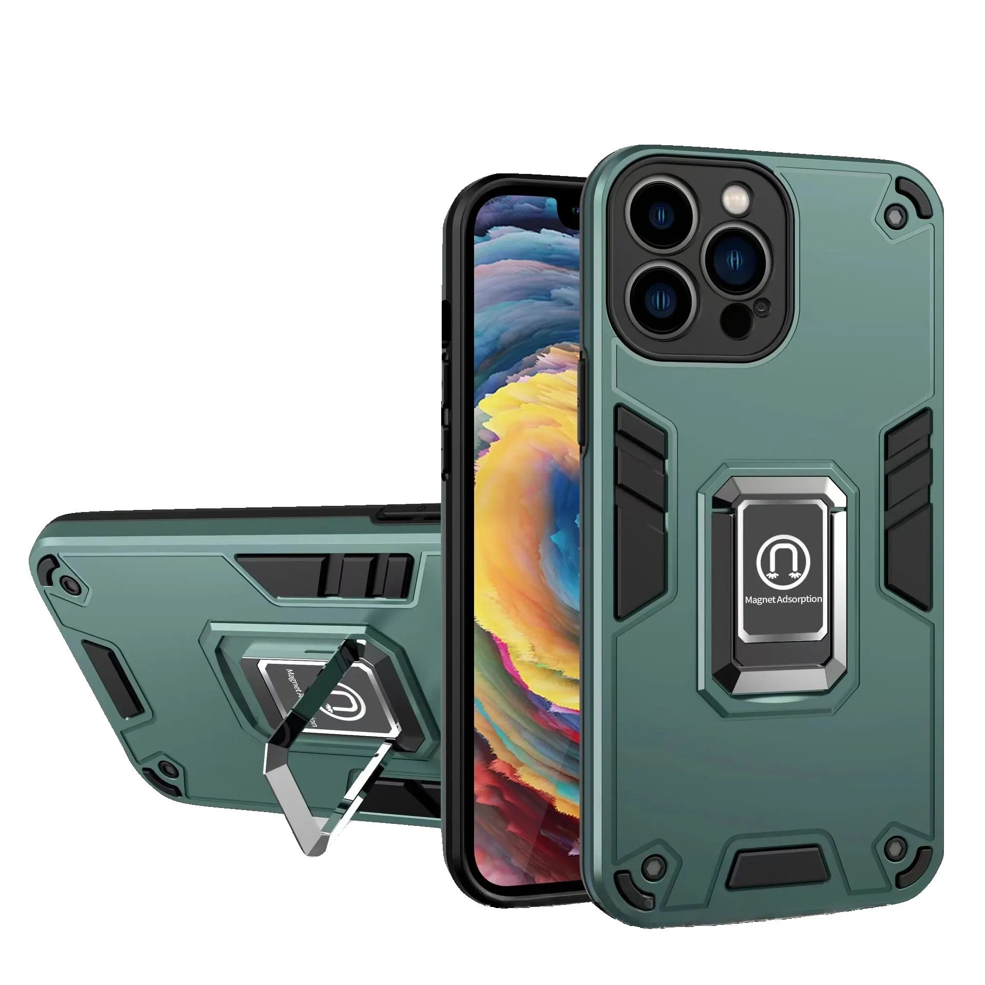 Husa Iron Warriors pentru iPhone 13, Kaveny,  Hybrid Ring Holder Kickstand, Verde inchis