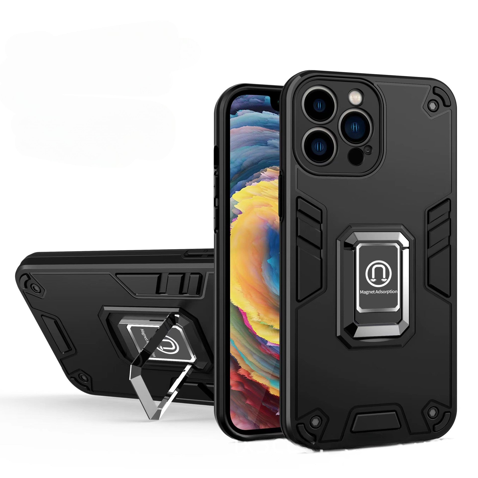 Husa Iron Warriors pentru iPhone 13 Pro, Kaveny,  Hybrid Ring Holder Kickstand, Negru