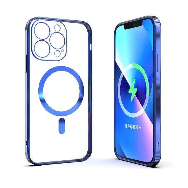 Husa MagSafe pentru Apple iPhone 13 Pro, Full Cover, Protectie camera, Margini colorate Electroplating, Magnetica, Incarcare Wireless, Kaveny, Albastru