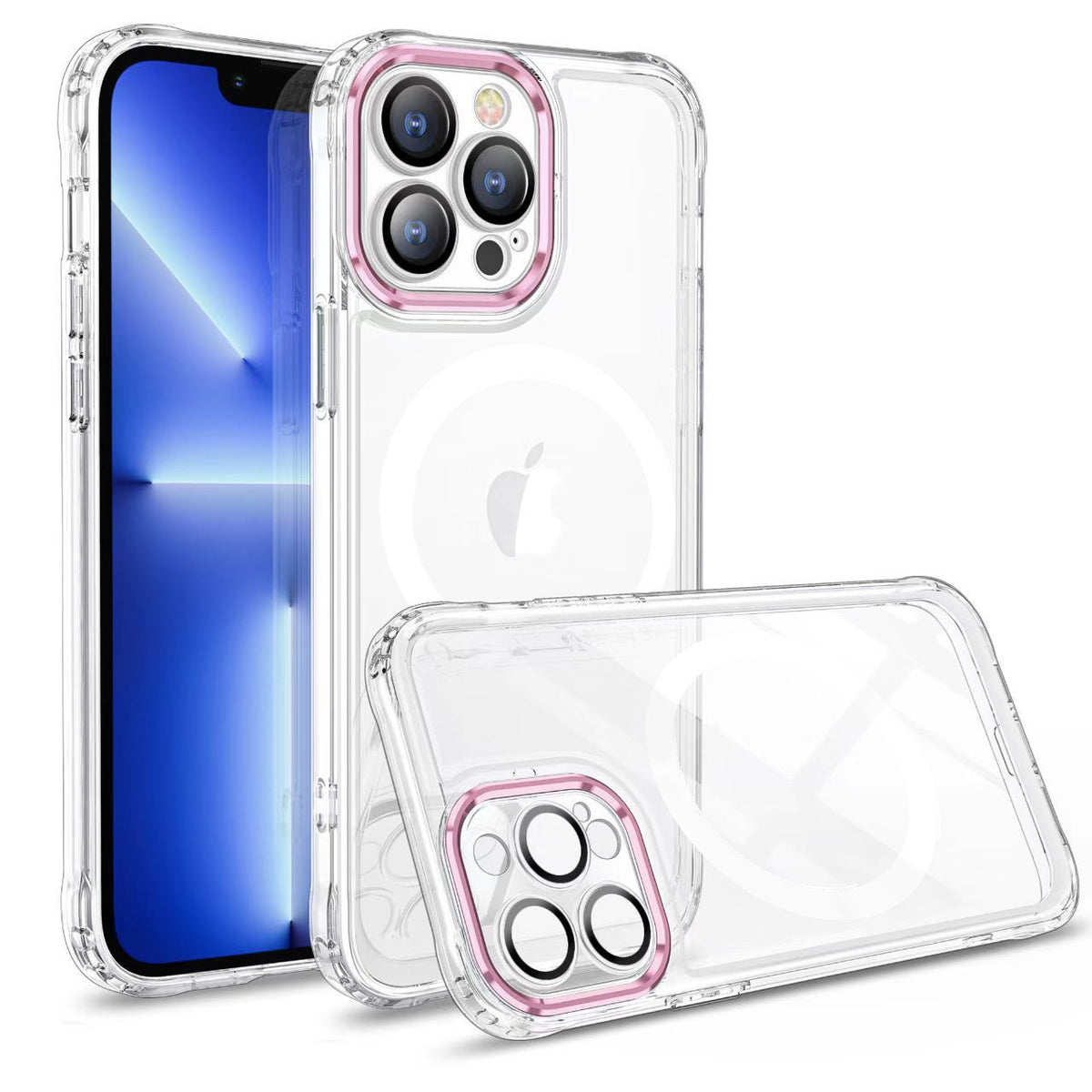 Husa MagSafe Silicone pentru iPhone 13 Pro, Kaveny, Transparenta, Magnetica, Extra Protectie Camera Roz