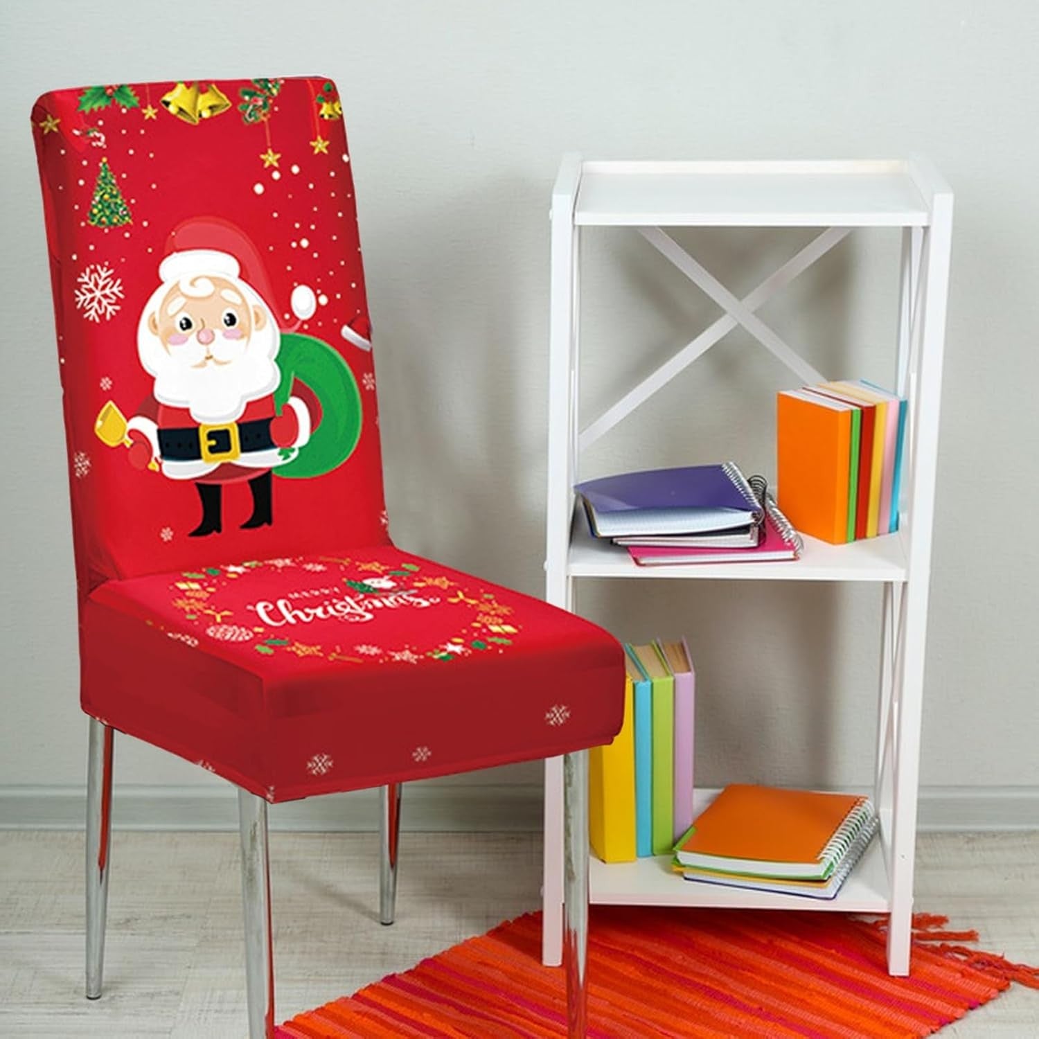 Husa pentru scaun, Kadeny, Tematica Craciun, Model 4 Mos Craciun cu Sacul, Rosu