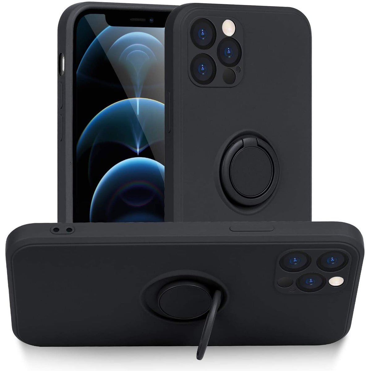Husa protectie Kaveny compatibila cu Apple iPhone 12 Pro Max Liquid Silicone Ring cu suport rotativ Negru
