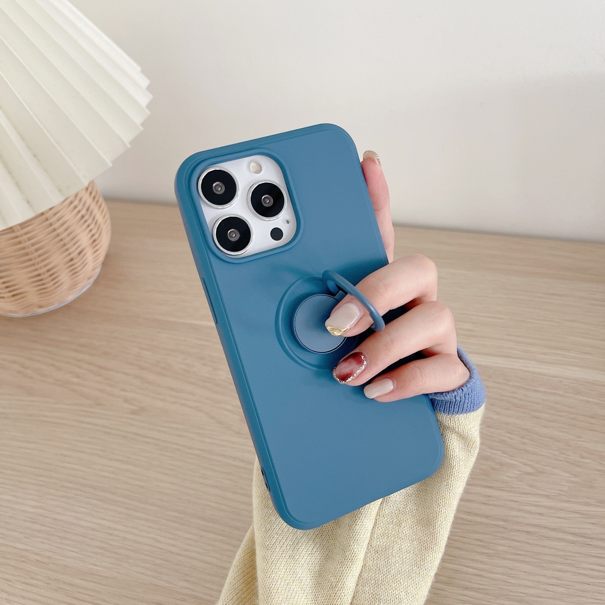 Husa protectie Kaveny compatibila cu Apple iPhone 13 Pro Max Liquid Silicone Ring cu suport rotativ Albastru