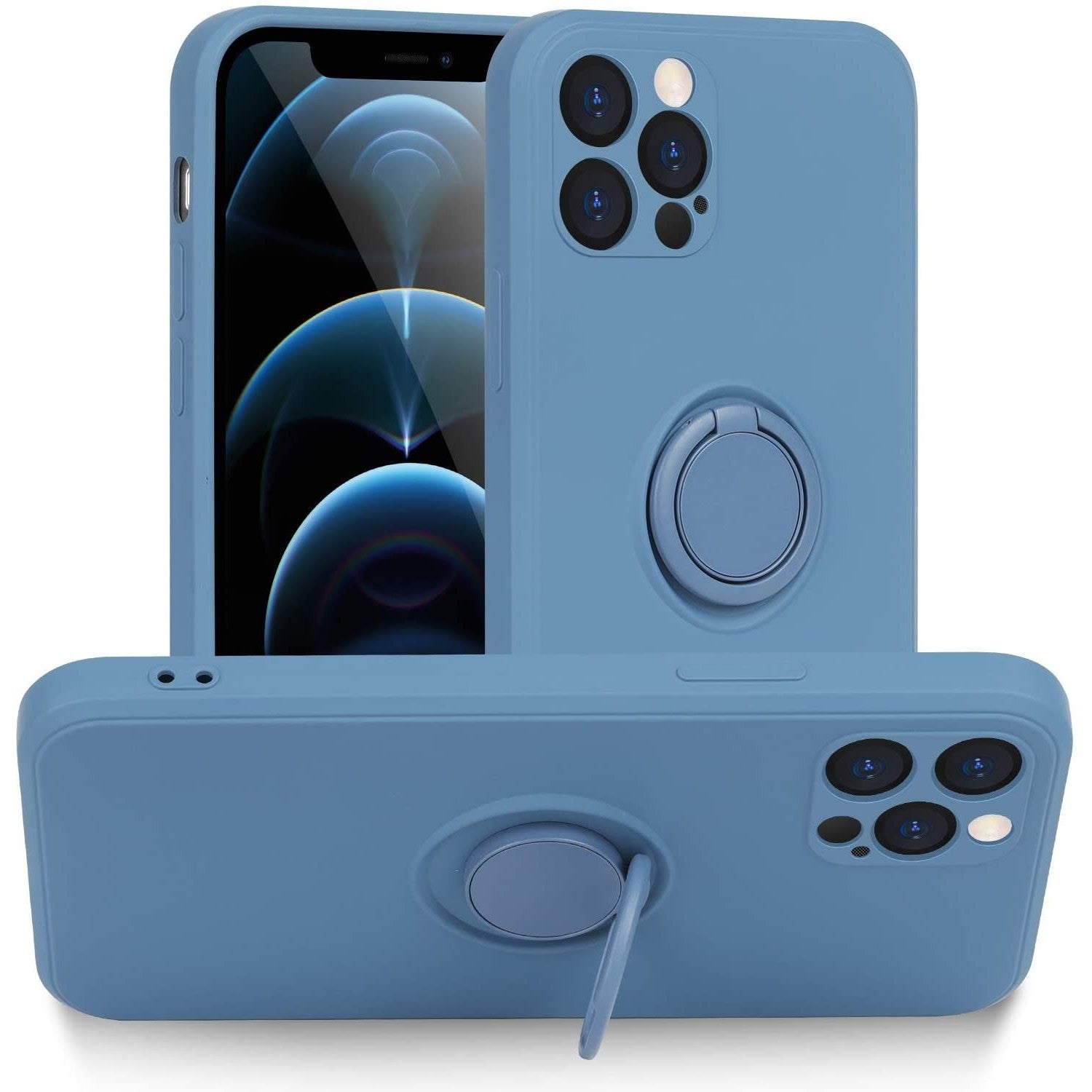 Husa protectie Kaveny compatibila cu Huawei P30 Lite Liquid Silicone Ring cu suport rotativ Albastru deschis