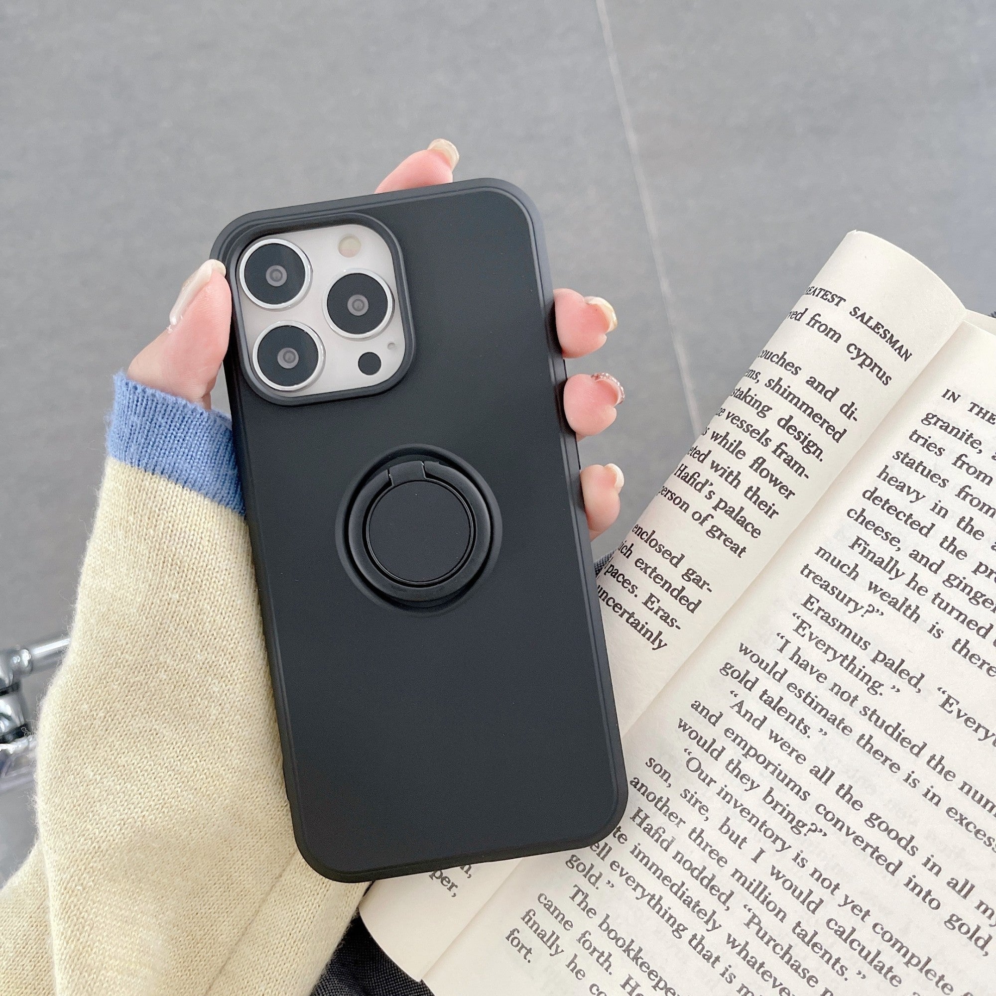 Husa protectie Kaveny compatibila cu Huawei P40 Lite E Liquid Silicone Ring cu suport rotativ Negru