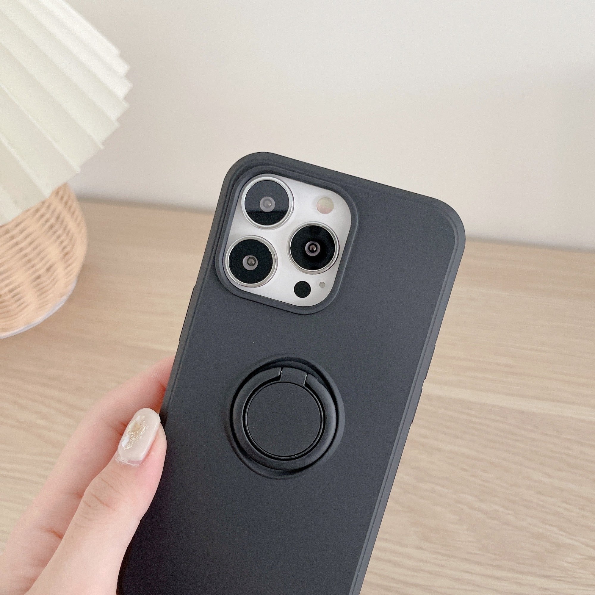 Husa protectie Kaveny compatibila cu Huawei P40 Lite E Liquid Silicone Ring cu suport rotativ Negru