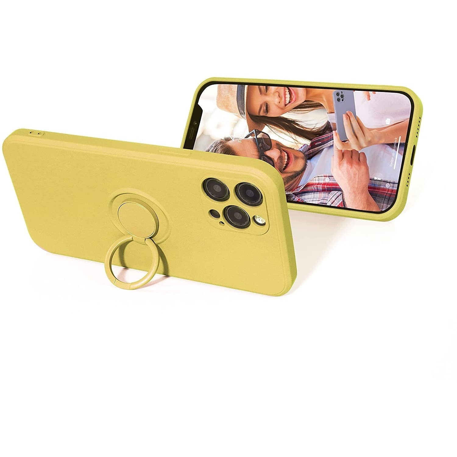 Husa protectie Kaveny compatibila cu Samsung A21S Liquid Silicone Ring cu suport rotativ Galben