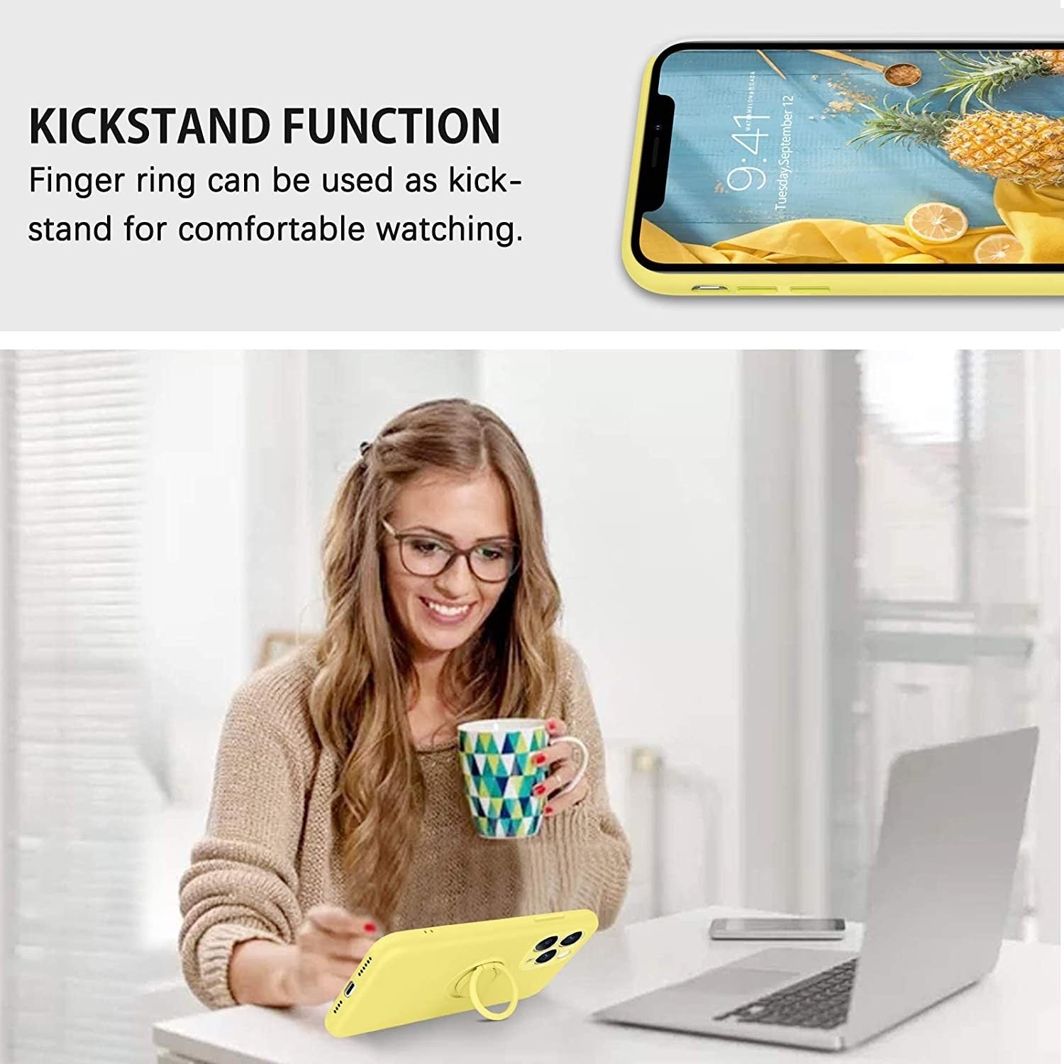 Husa protectie Kaveny compatibila cu Samsung Galaxy A52 Liquid Silicone Ring cu suport rotativ Galben