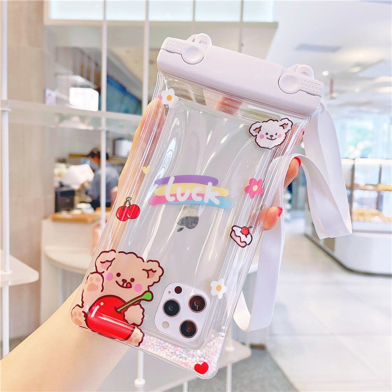 Husa subacvatica Fruity Waterproof Kaveny, Snowproof, Universala, Impermeabila, cu Snur, pentru telefon sau documente, Cherry Bear, Alb