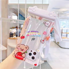 Husa subacvatica Fruity Waterproof Kaveny, Snowproof, Universala, Impermeabila, cu Snur, pentru telefon sau documente, Cherry Bear, Alb