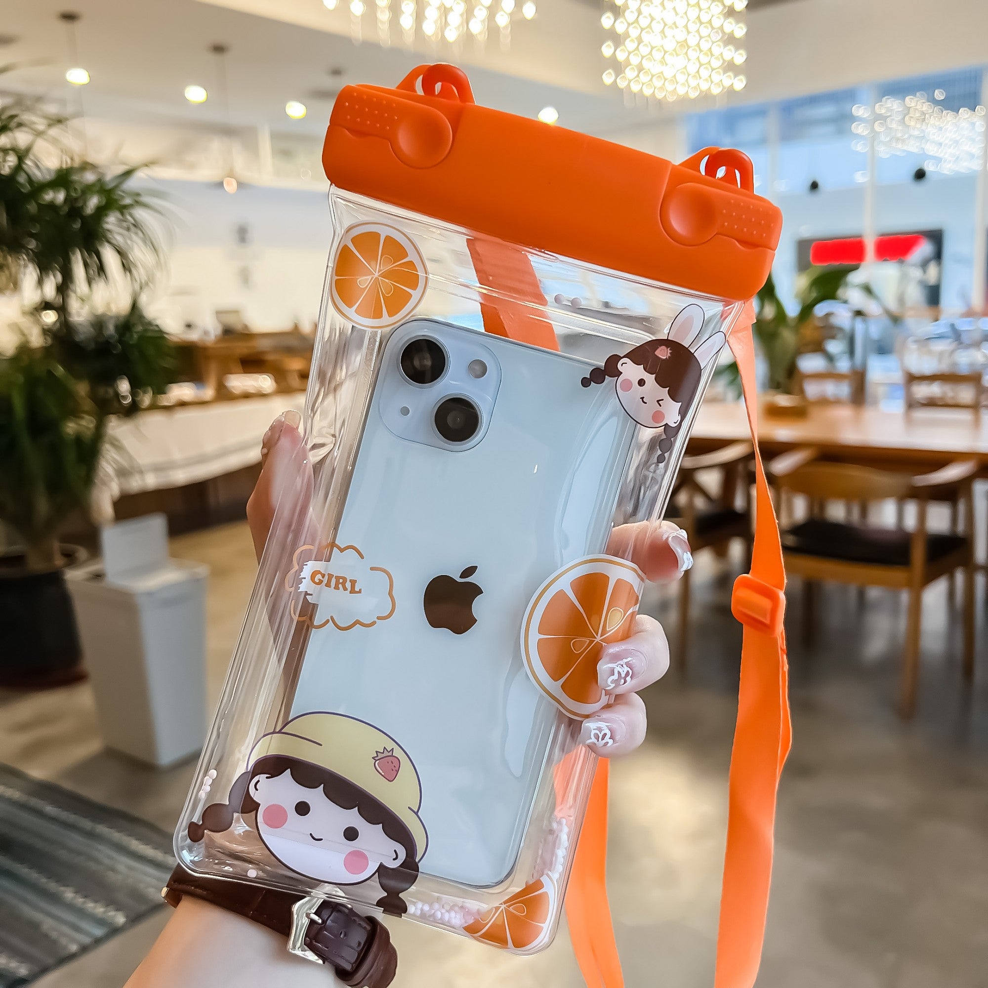 Husa subacvatica Fruity Waterproof Kaveny, Snowproof, Universala, Impermeabila, cu Snur, pentru telefon sau documente, Orange Girl 2, Oranj