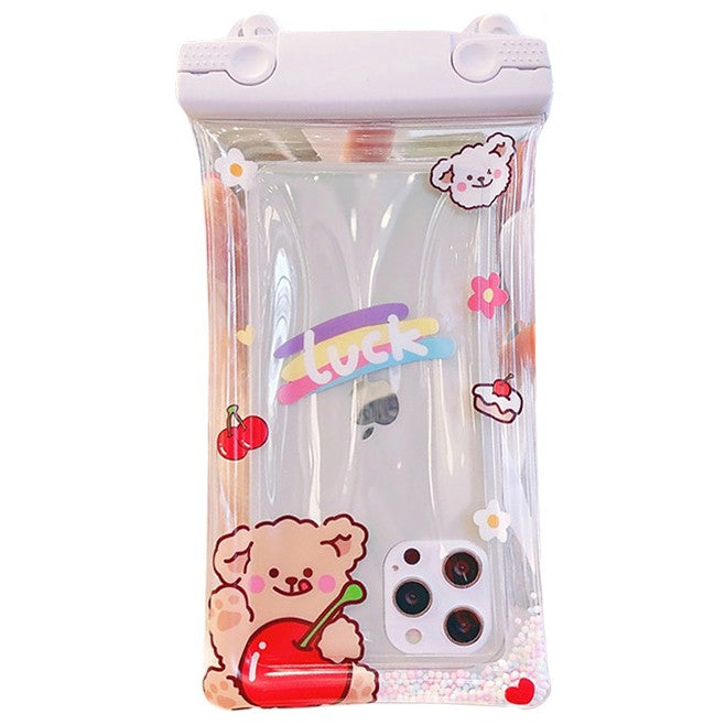 Husa subacvatica Fruity Waterproof Kaveny, Snowproof, Universala, Impermeabila, cu Snur, pentru telefon sau documente, Cherry Bear, Alb