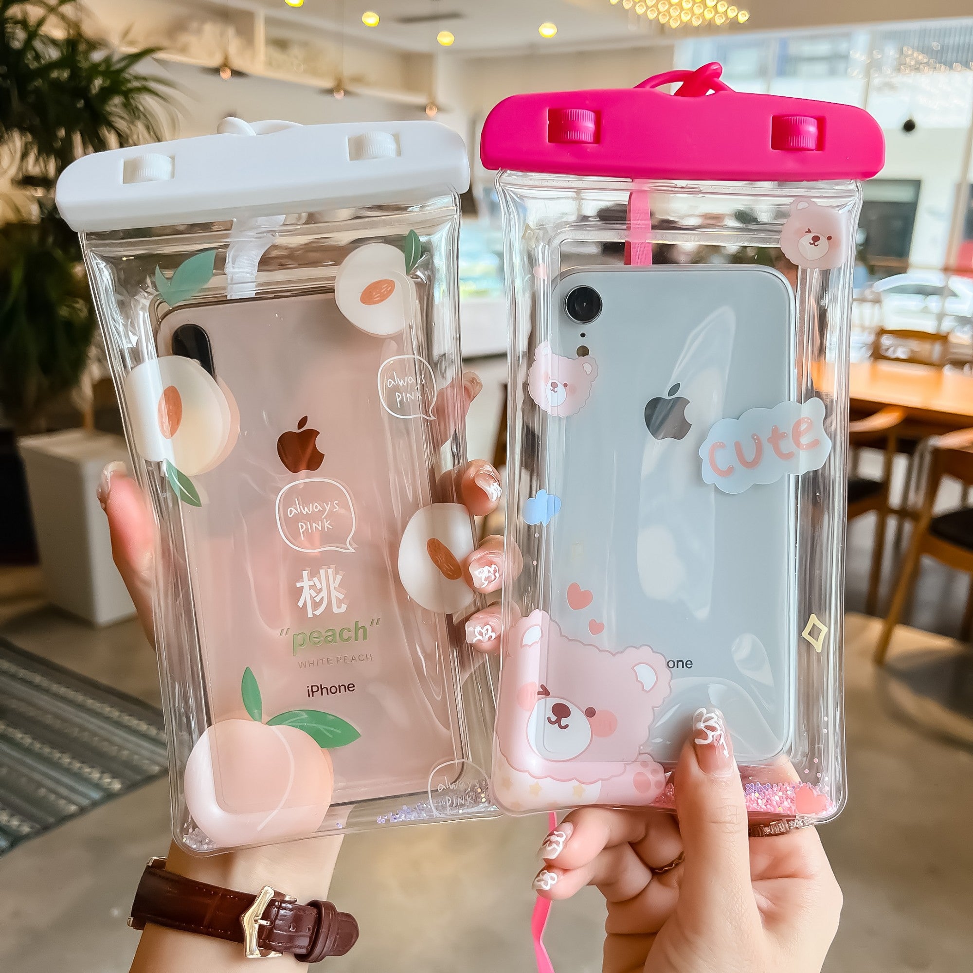 Husa subacvatica Glitter Kids Waterproof Kaveny, Snowproof, Universala, cu Snur, pentru telefon sau documente, Peach, Alb