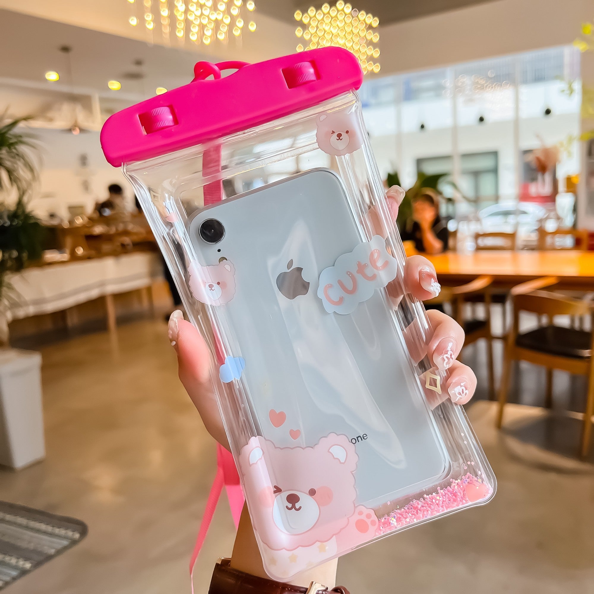 Husa subacvatica Glitter Kids Waterproof Kaveny, Snowproof, Universala, cu Snur, pentru telefon sau documente, Cute Bear, Roz