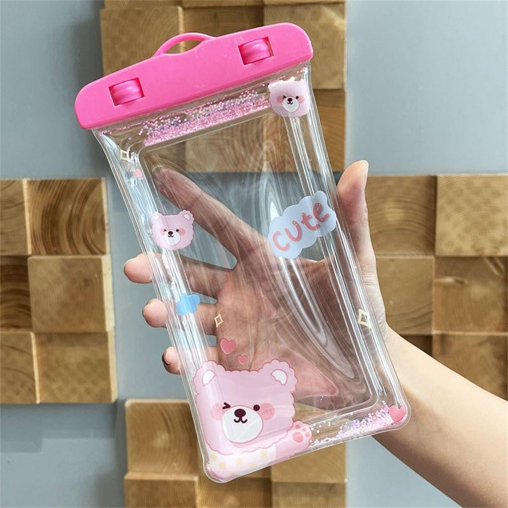 Husa subacvatica Glitter Kids Waterproof Kaveny, Snowproof, Universala, cu Snur, pentru telefon sau documente, Cute Bear, Roz