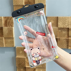 Husa subacvatica Glitter Kids Waterproof Kaveny, Snowproof, Universala, cu Snur, pentru telefon sau documente, Lucky Bear, Negru