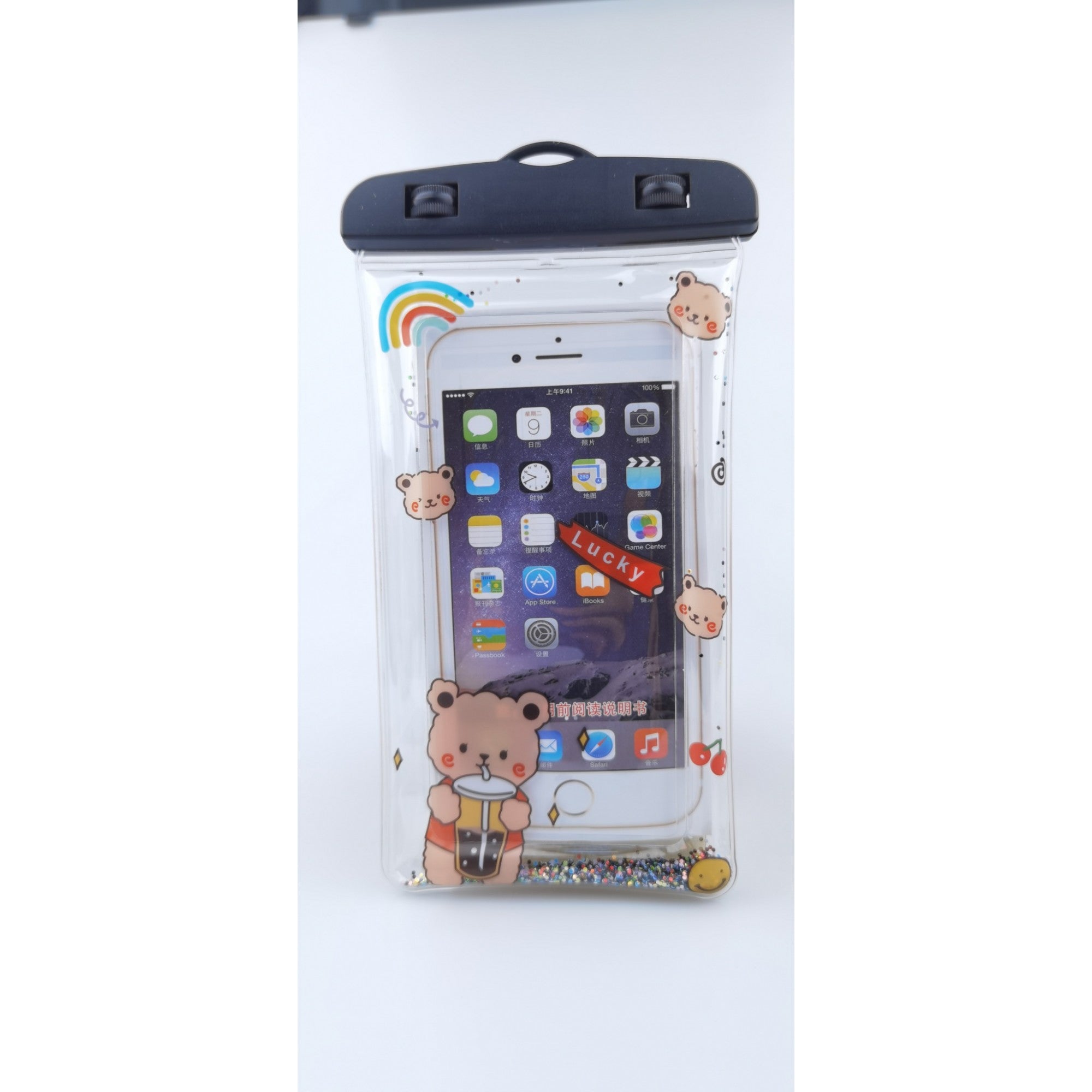 Husa subacvatica Glitter Kids Waterproof Kaveny, Snowproof, Universala, cu Snur, pentru telefon sau documente, Lucky Bear, Negru