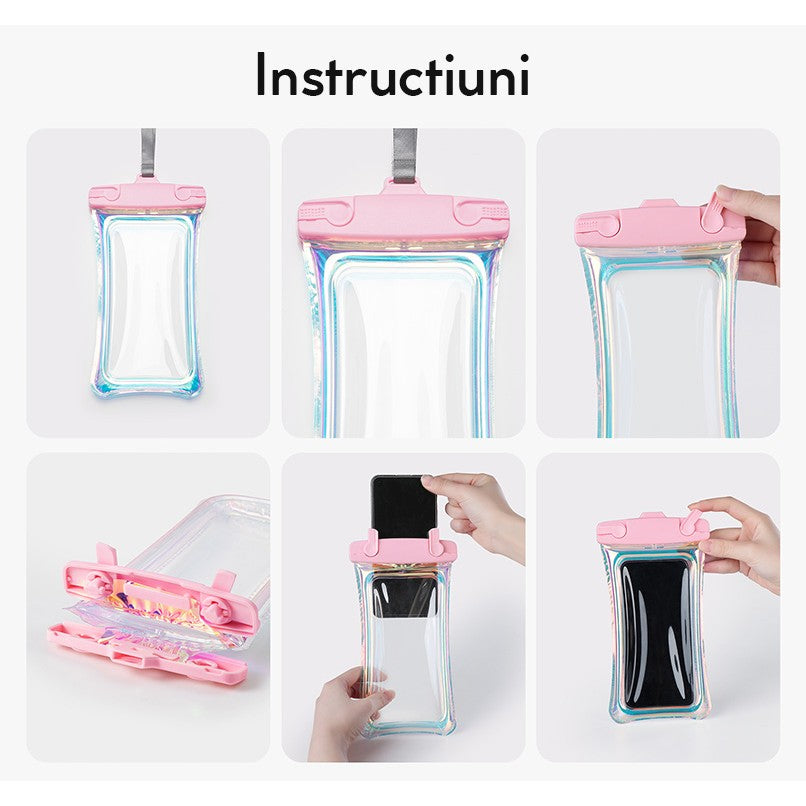 Husa subacvatica Holografica Waterproof Kaveny, Snowproof, Universala, Impermeabila, cu Snur, pentru telefon sau documente, Roz