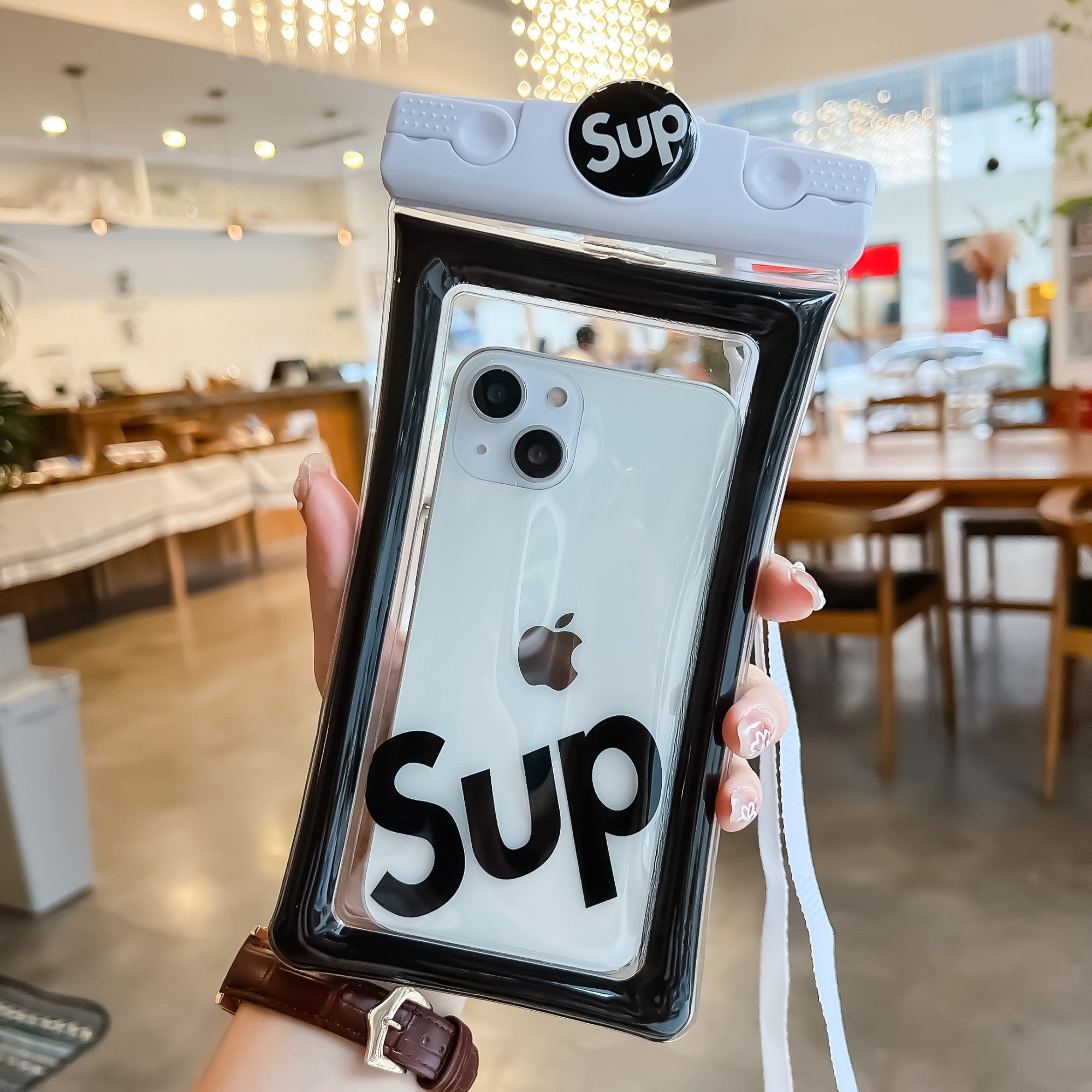 Husa subacvatica Mascot Waterproof Kaveny, Snowproof, Universala, cu Snur, pentru telefon sau documente, Sup, Alb-Negru