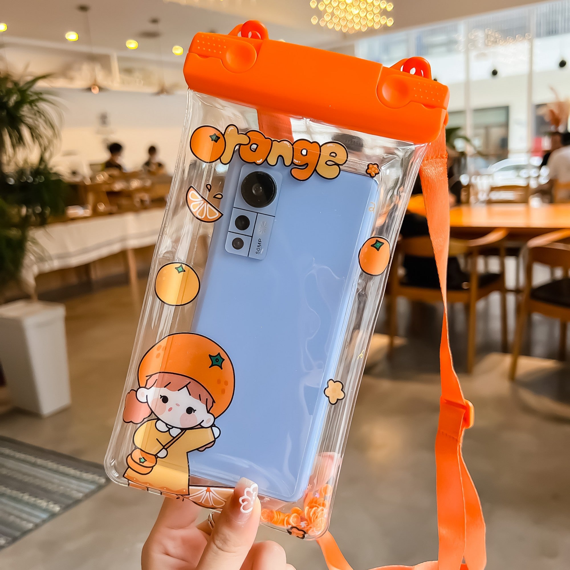 Husa subacvatica Waterproof Kaveny, Snowproof, Universala, Impermeabila, pentru telefon sau documente, cu snur, Orange Girl, Portocaliu