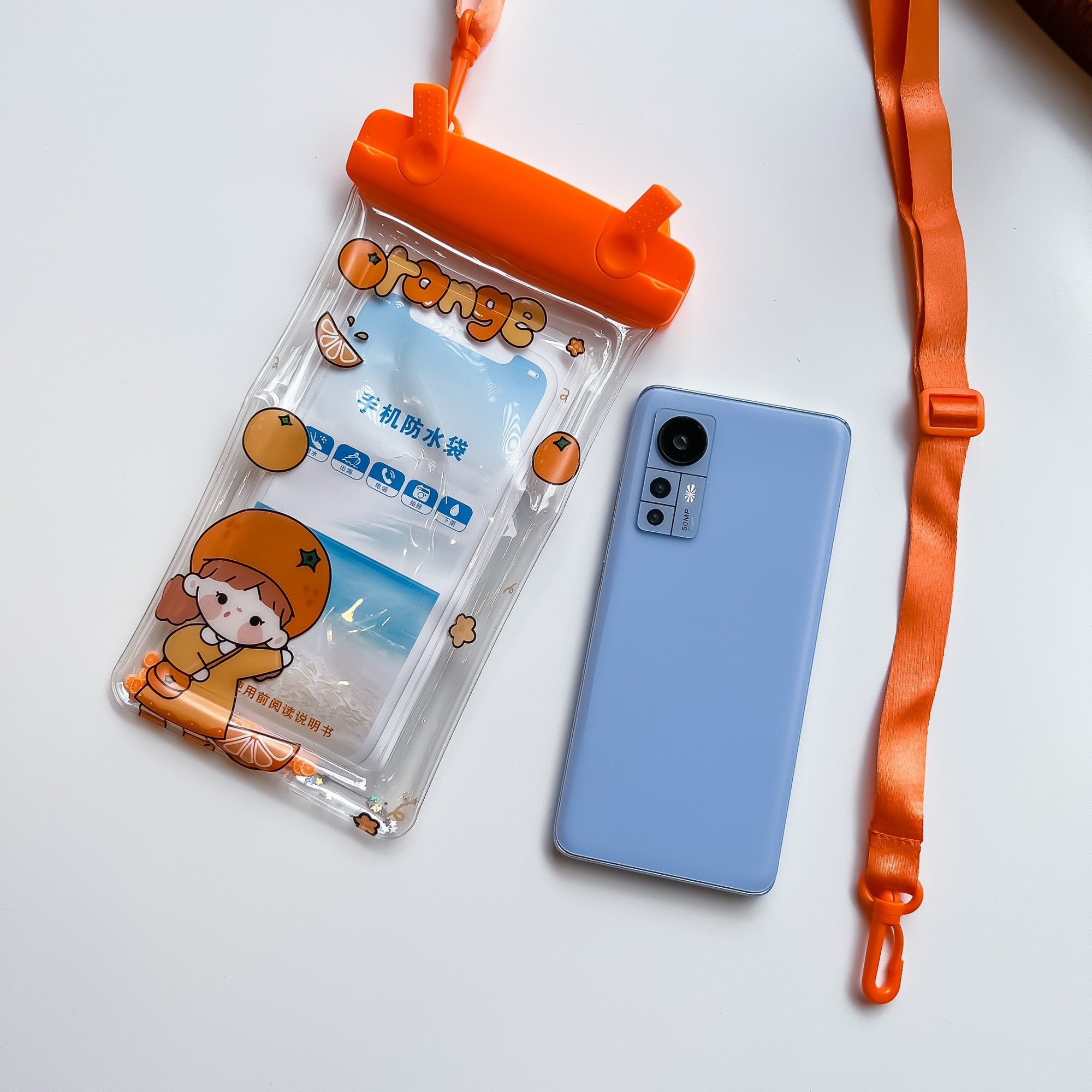 Husa subacvatica Waterproof Kaveny, Snowproof, Universala, Impermeabila, pentru telefon sau documente, cu snur, Orange Girl, Portocaliu