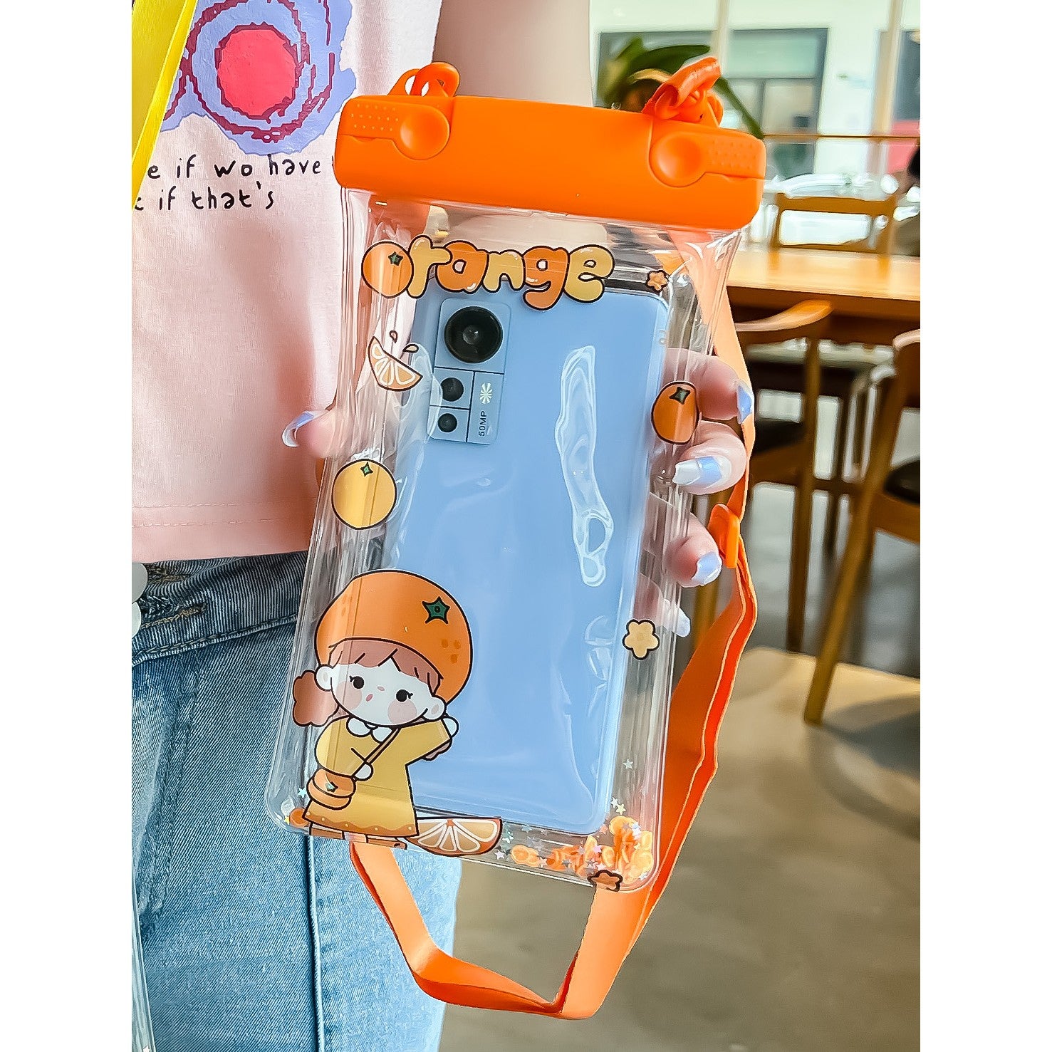 Husa subacvatica Waterproof Kaveny, Snowproof, Universala, Impermeabila, pentru telefon sau documente, cu snur, Orange Girl, Portocaliu