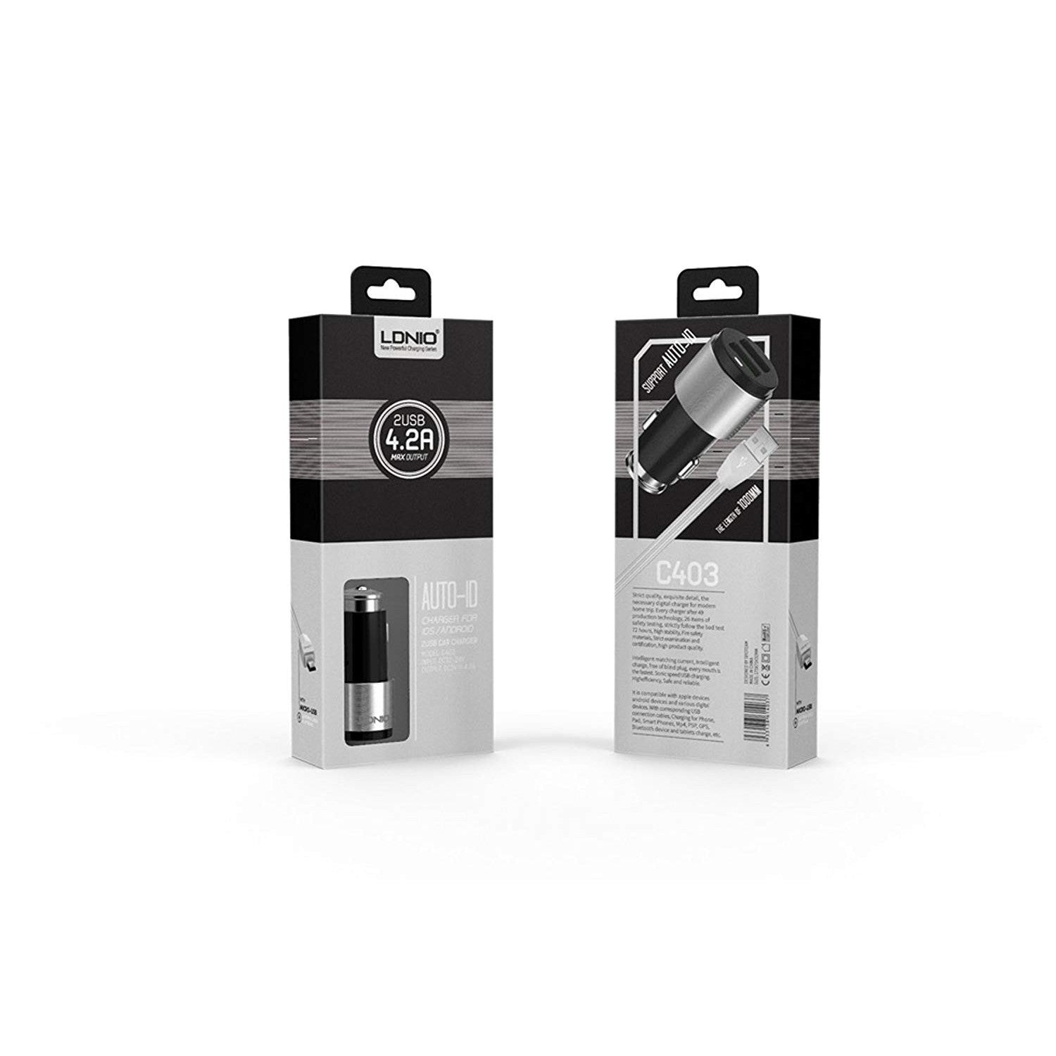 Incarcator auto 2USB 4.2A Negru + Cablu MicroUSB 1m Alb Cod Produs 08079